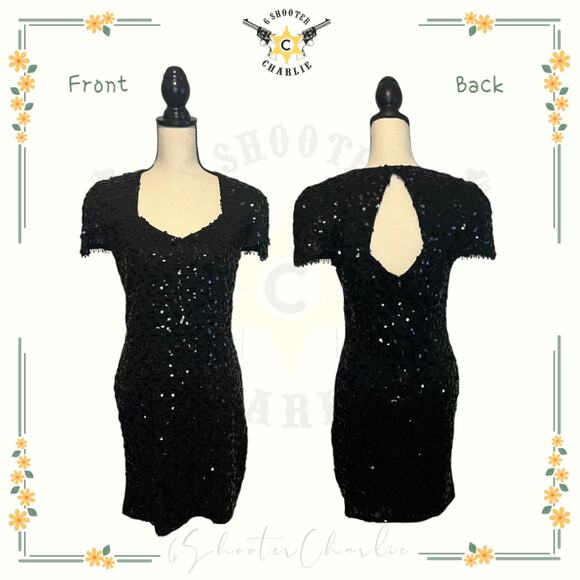 Vintage DAVID ROSE Heavily Sequined Black Evening Dress Size 10 Beaded Sleeves - Picture 1 of 8